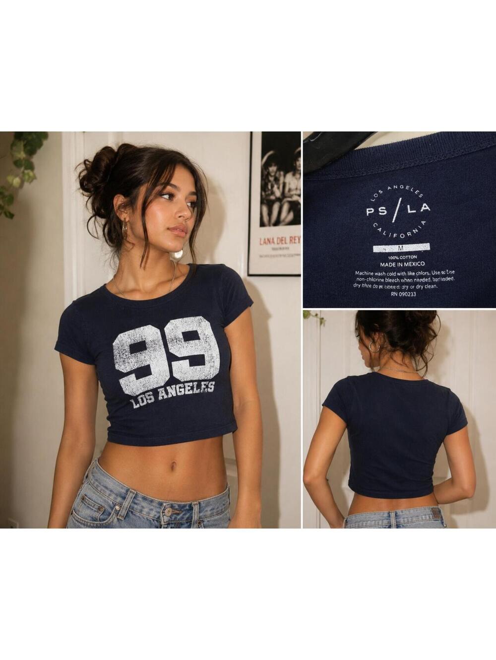 PS LA California Navy Blue Crop Top T-Shirt LA 99 Size Medium